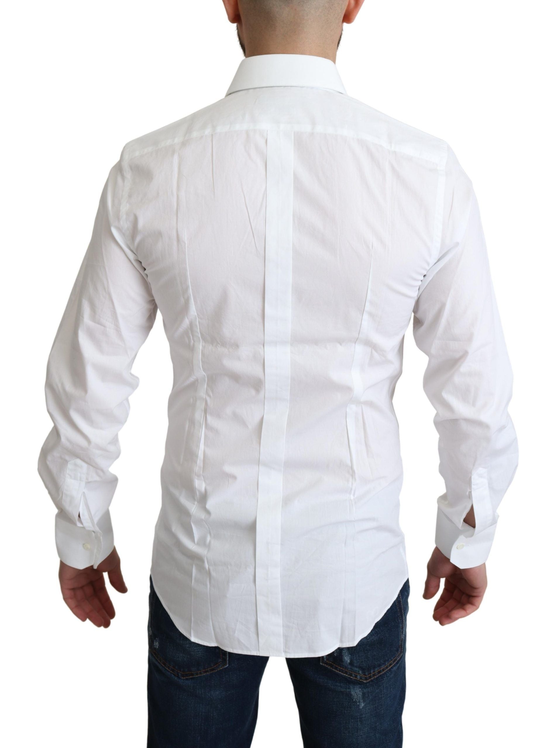 A white formal shirt with a collar, backed by paper tape for display purposes