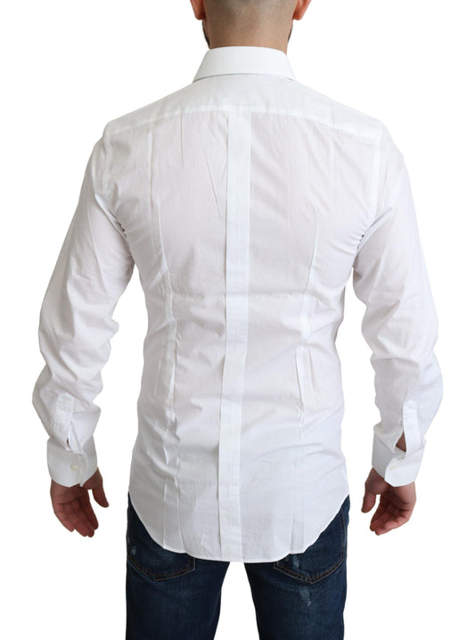 A white formal shirt with a collar, backed by paper tape for display purposes