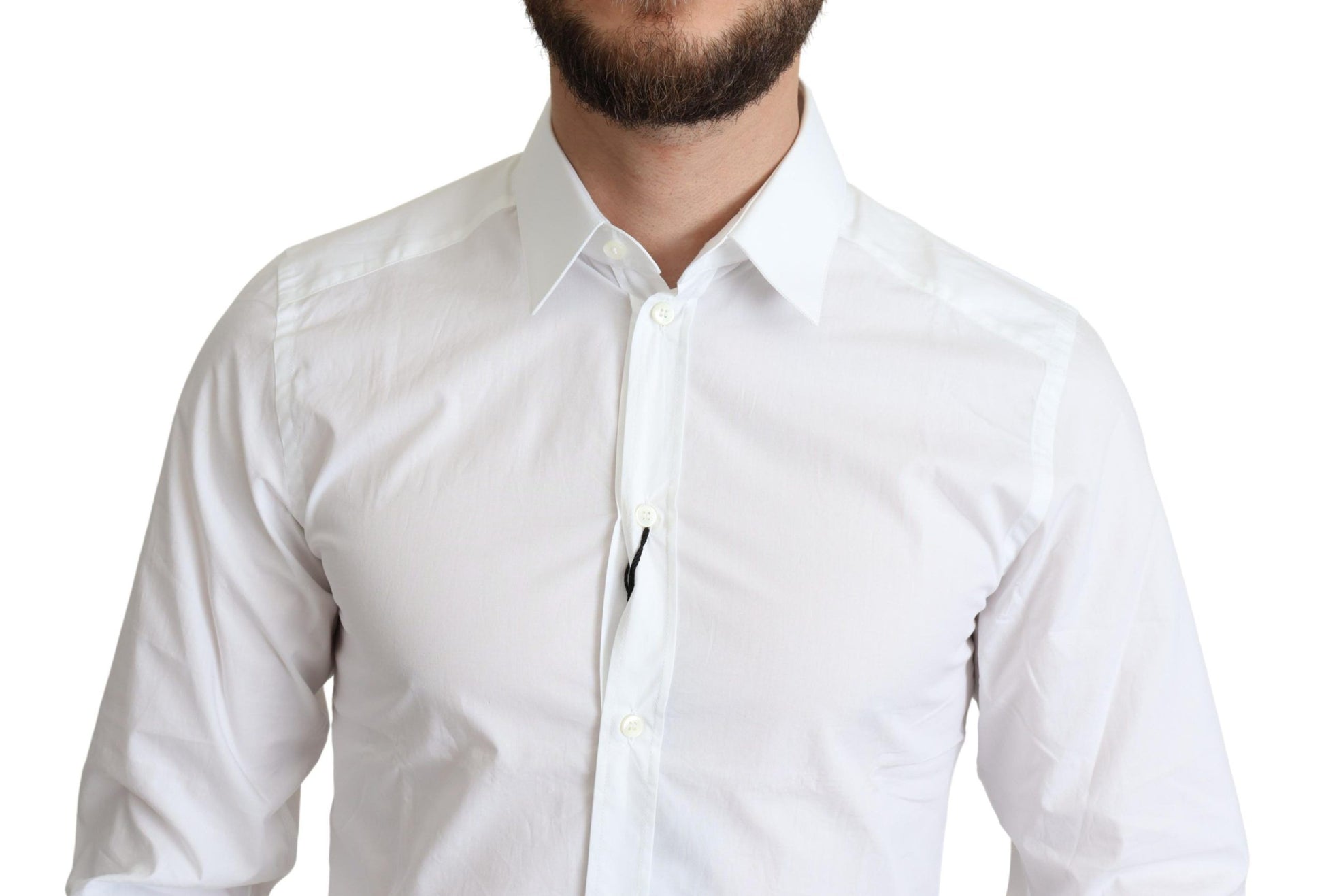 A white dress shirt with a collar, long sleeves and buttoned front
