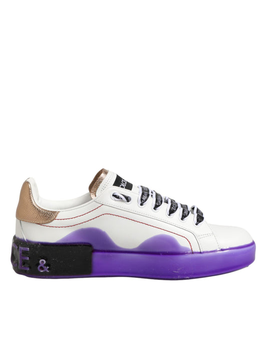 A pair of white, purple, and gold leather sneakers with a low top
