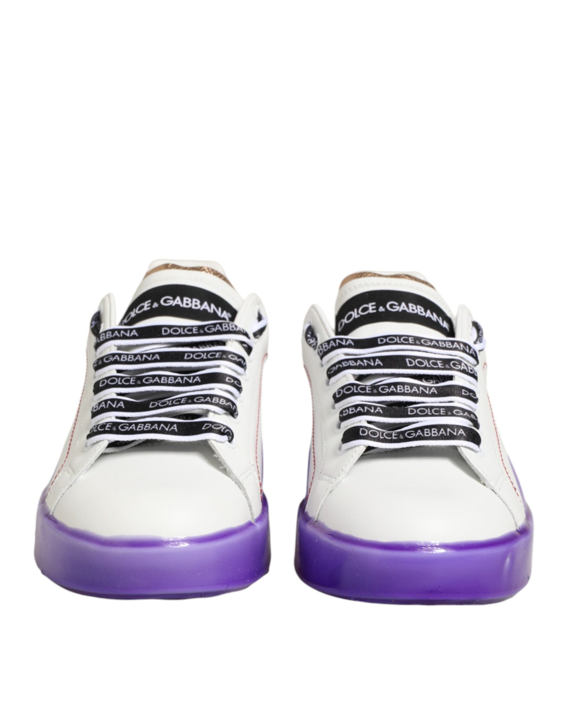 Pair of white and purple leather sneakers with black laces, branded logo on side