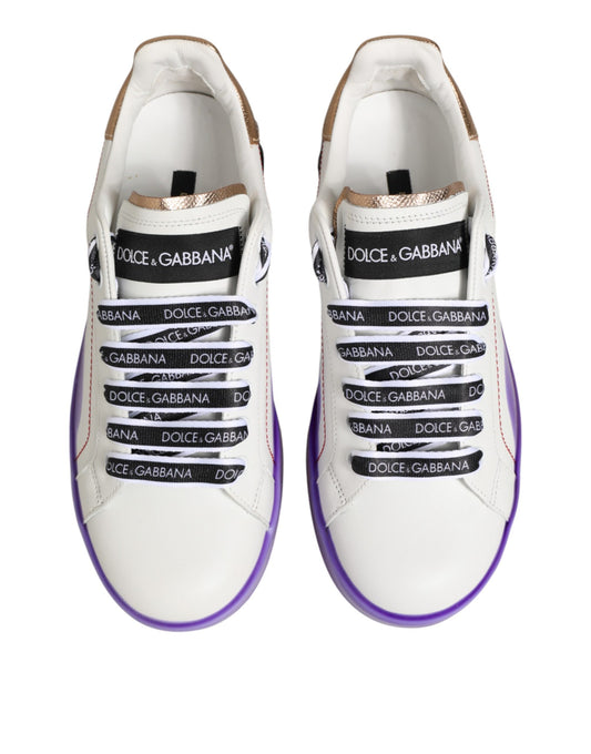 Pair of white and purple leather sneakers with black laces, branded with "Dolce & Gabbana" text