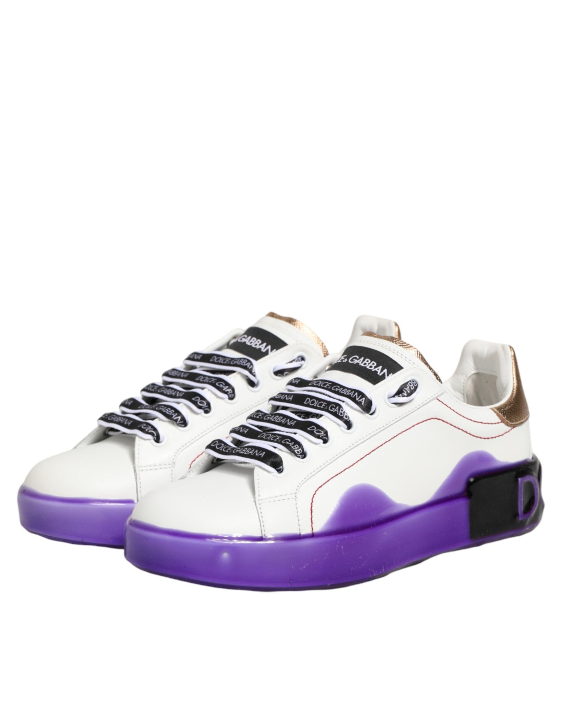 A pair of white and purple leather sneakers with black laces, featuring a low top design