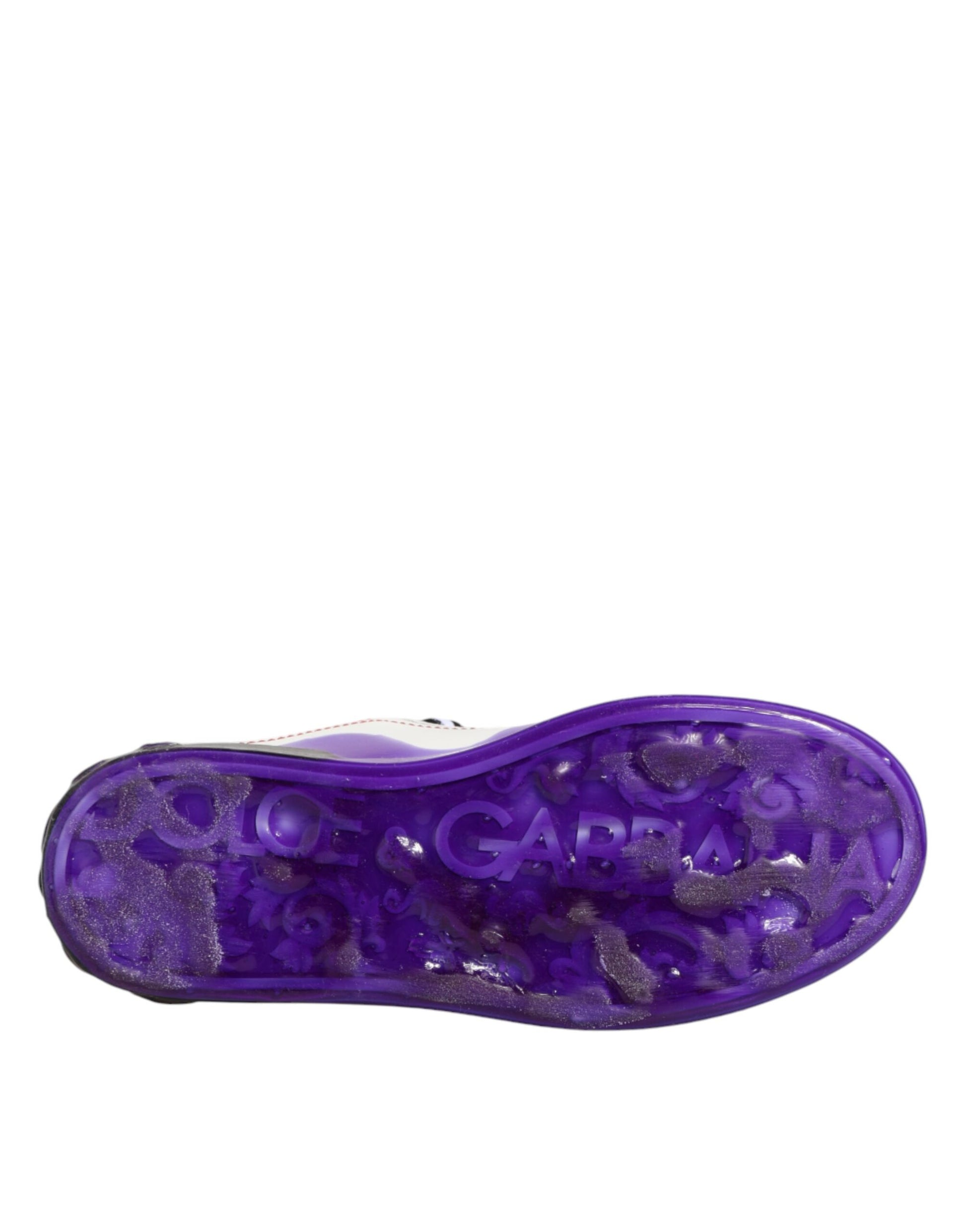 Purple and white leather sneakers with embossed logo