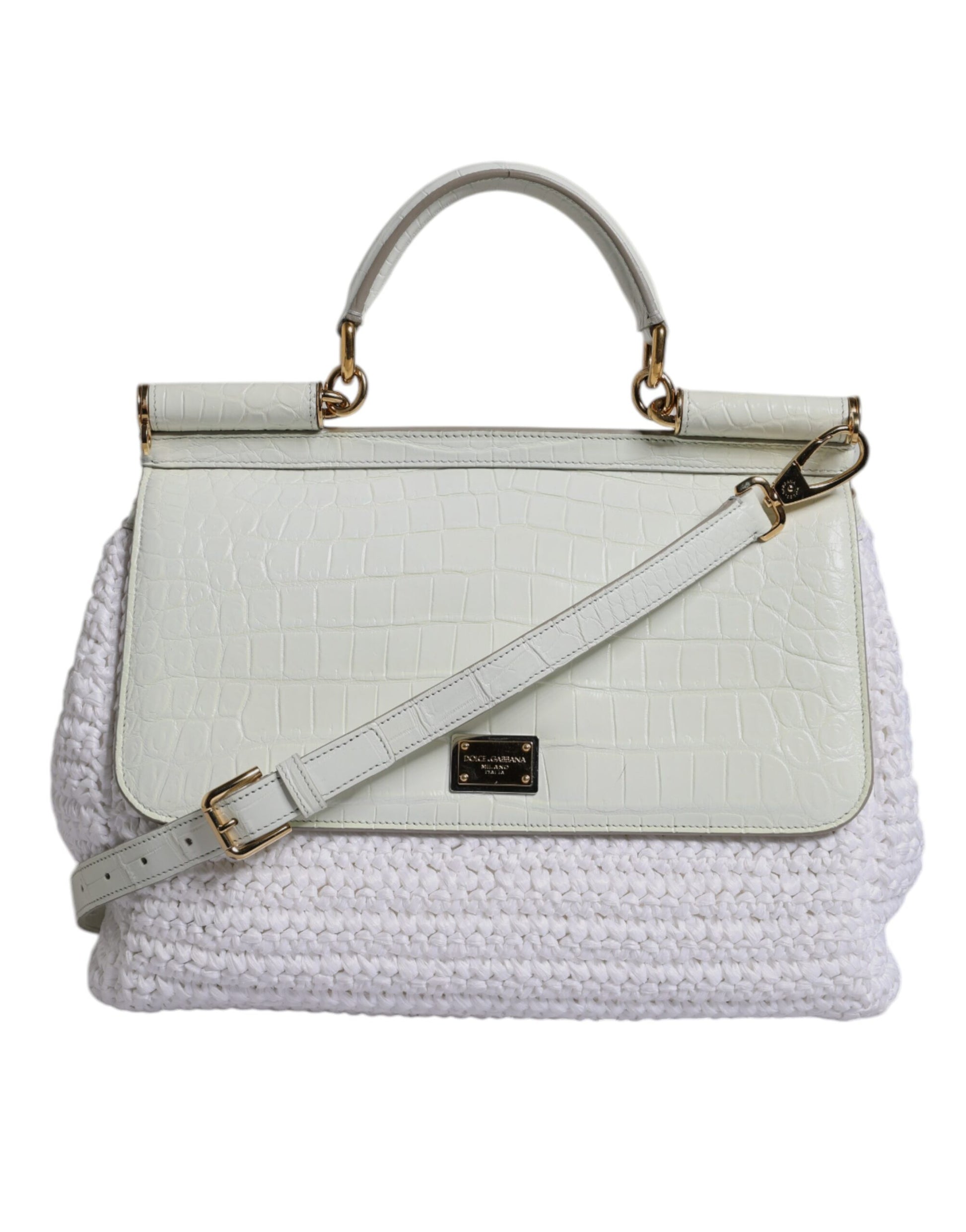White crocodile skin handbag with gold hardware