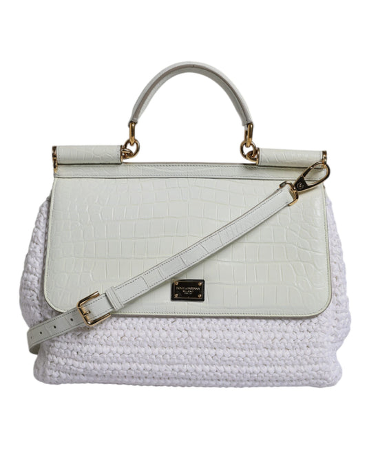 White crocodile skin handbag with gold hardware