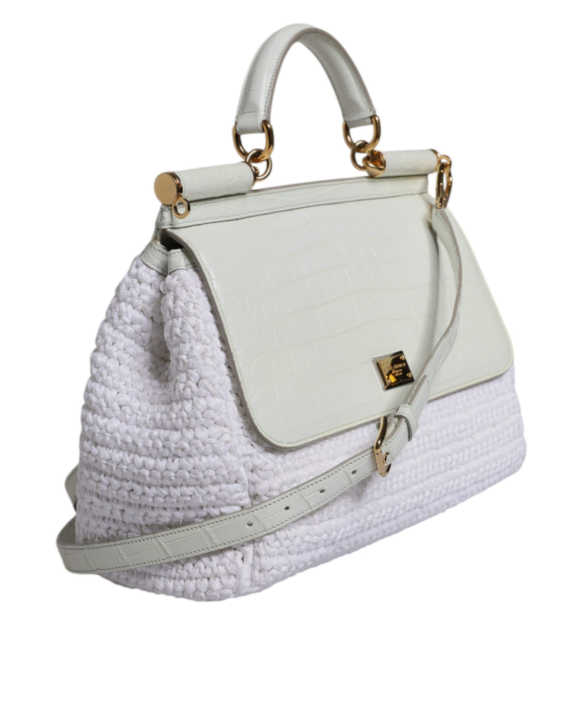 White crocodile skin handbag with gold hardware