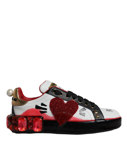 Red and white sneaker with heart design on side