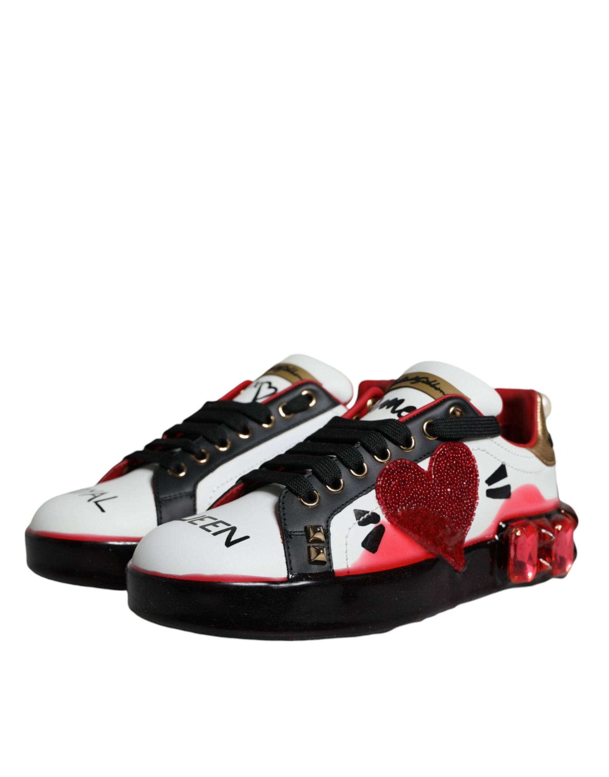 Pair of sneakers with red and black design