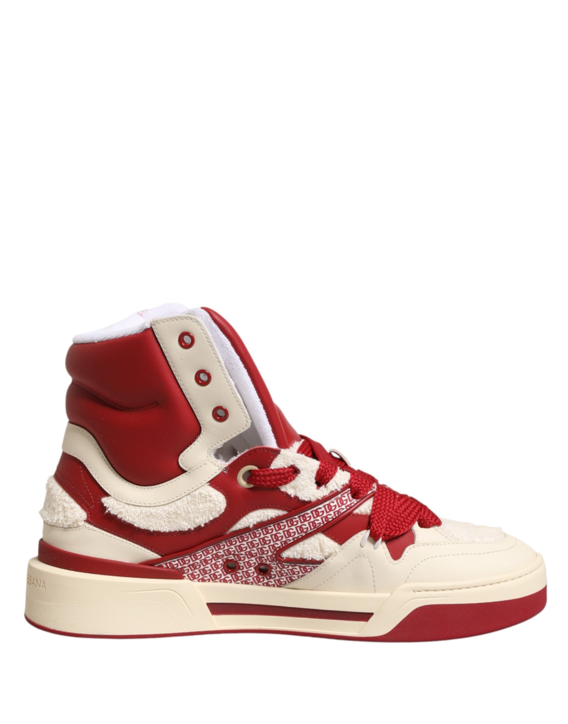 Red and white sneaker with laces