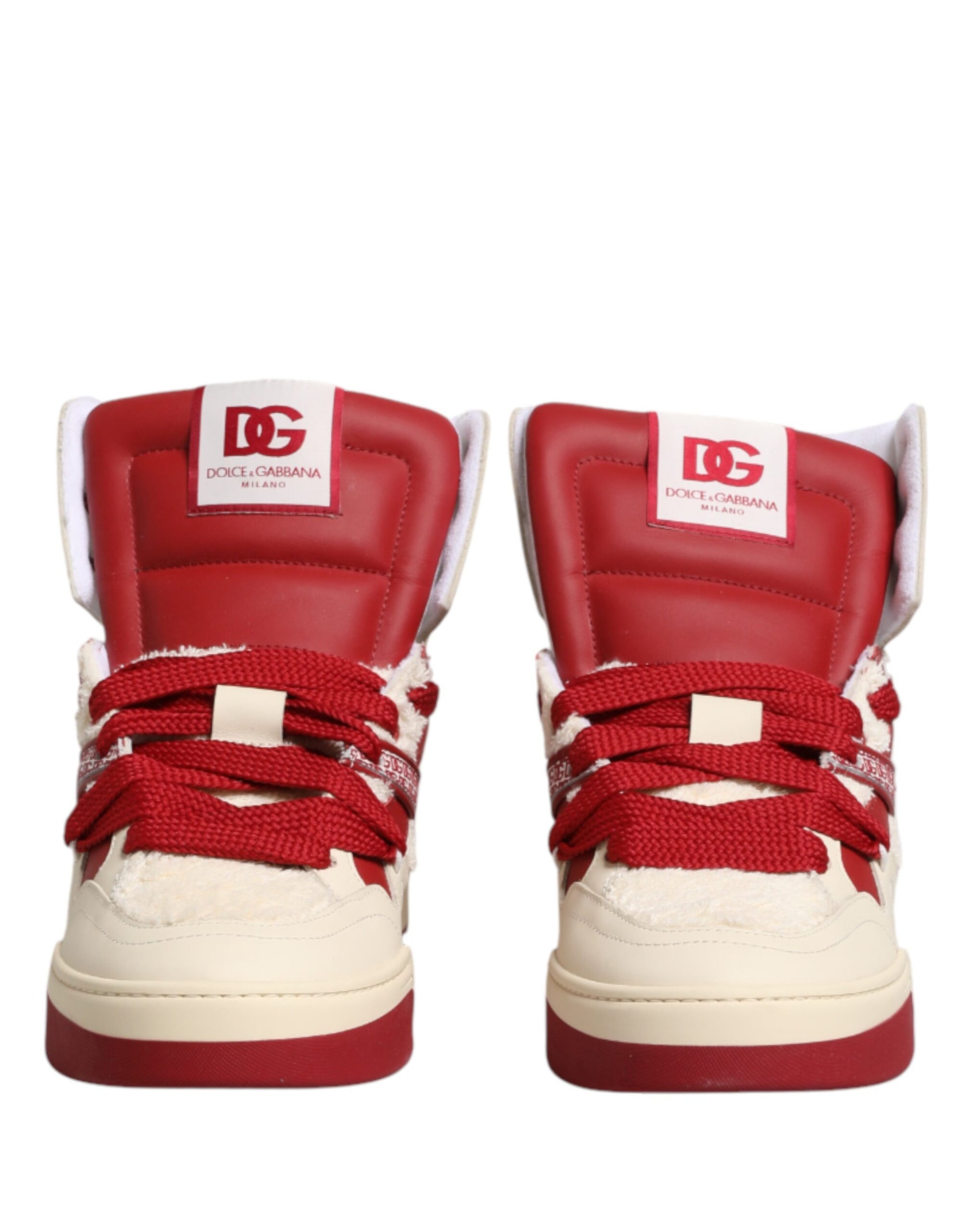 Red and white sneakers with laces
