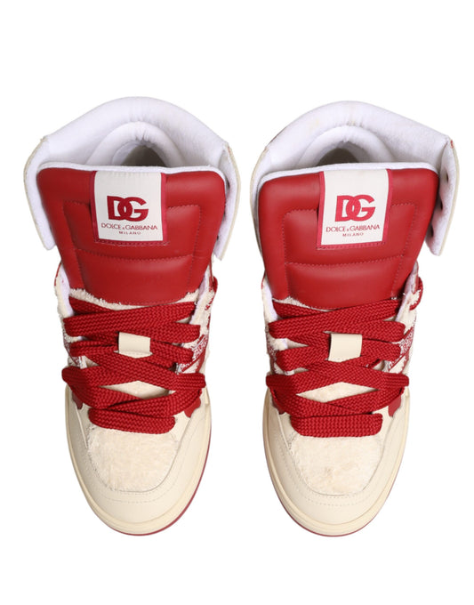 Red and white sneakers with red laces