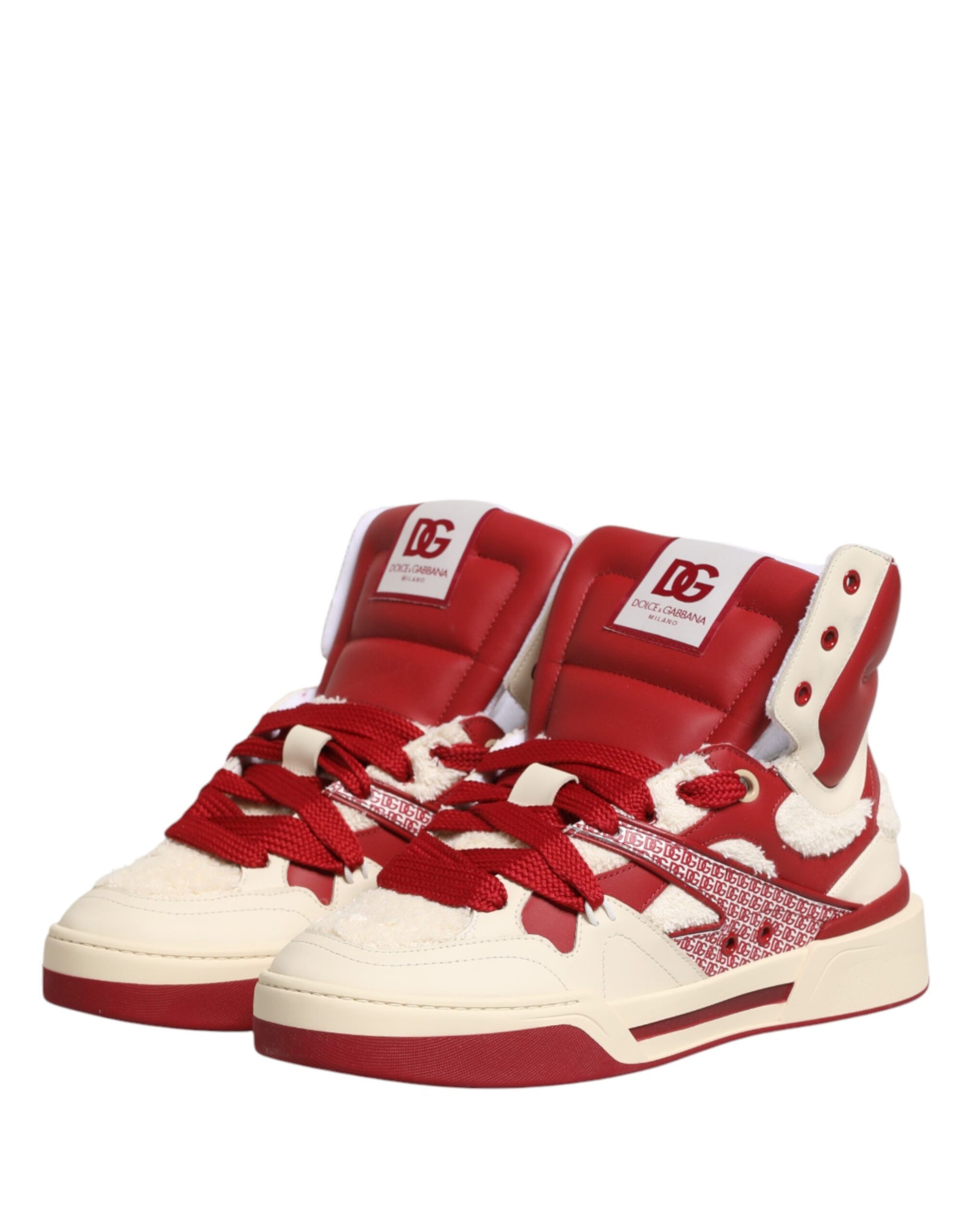 Red and white high top sneakers with laces