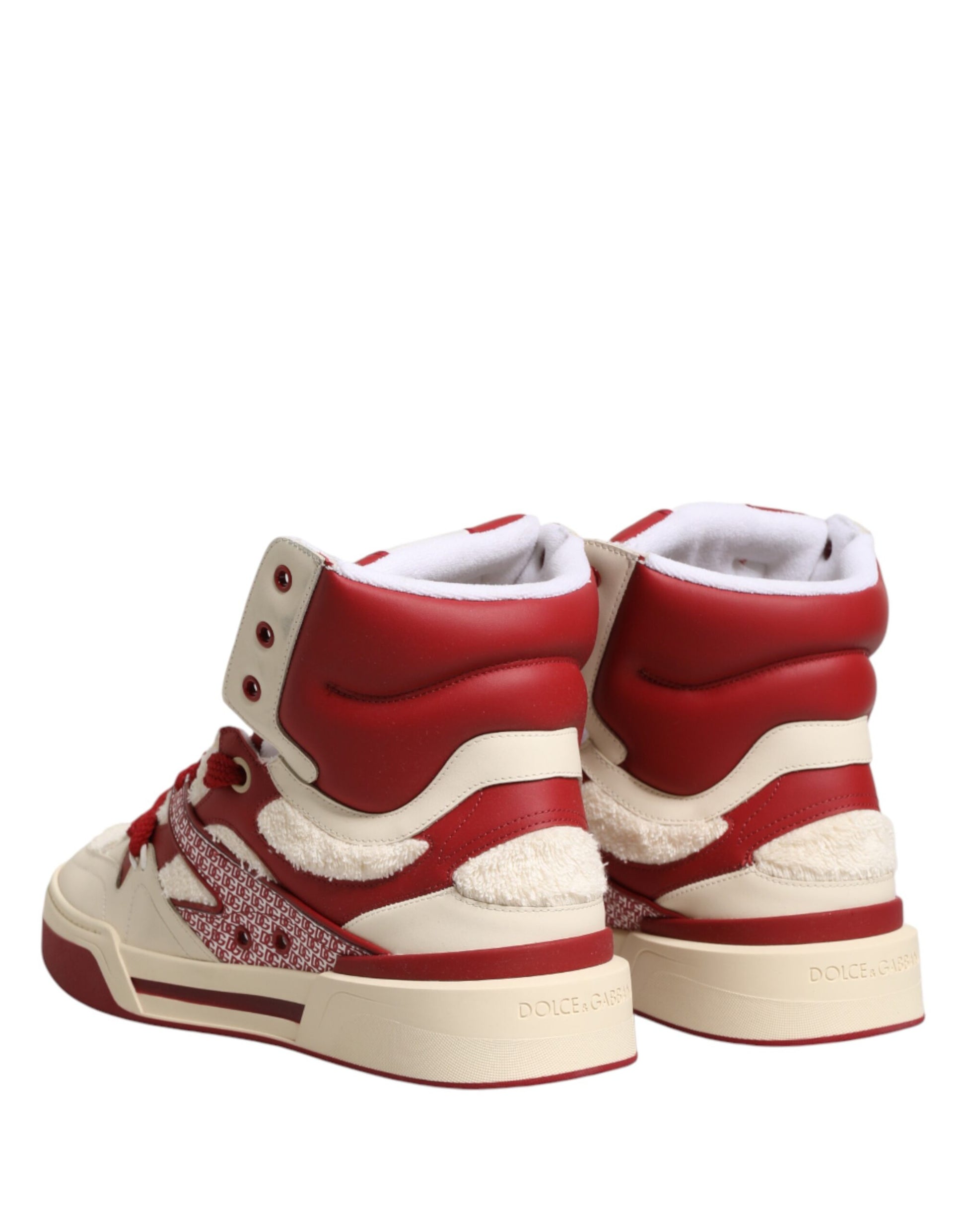 Red and white sneakers with fur trim
