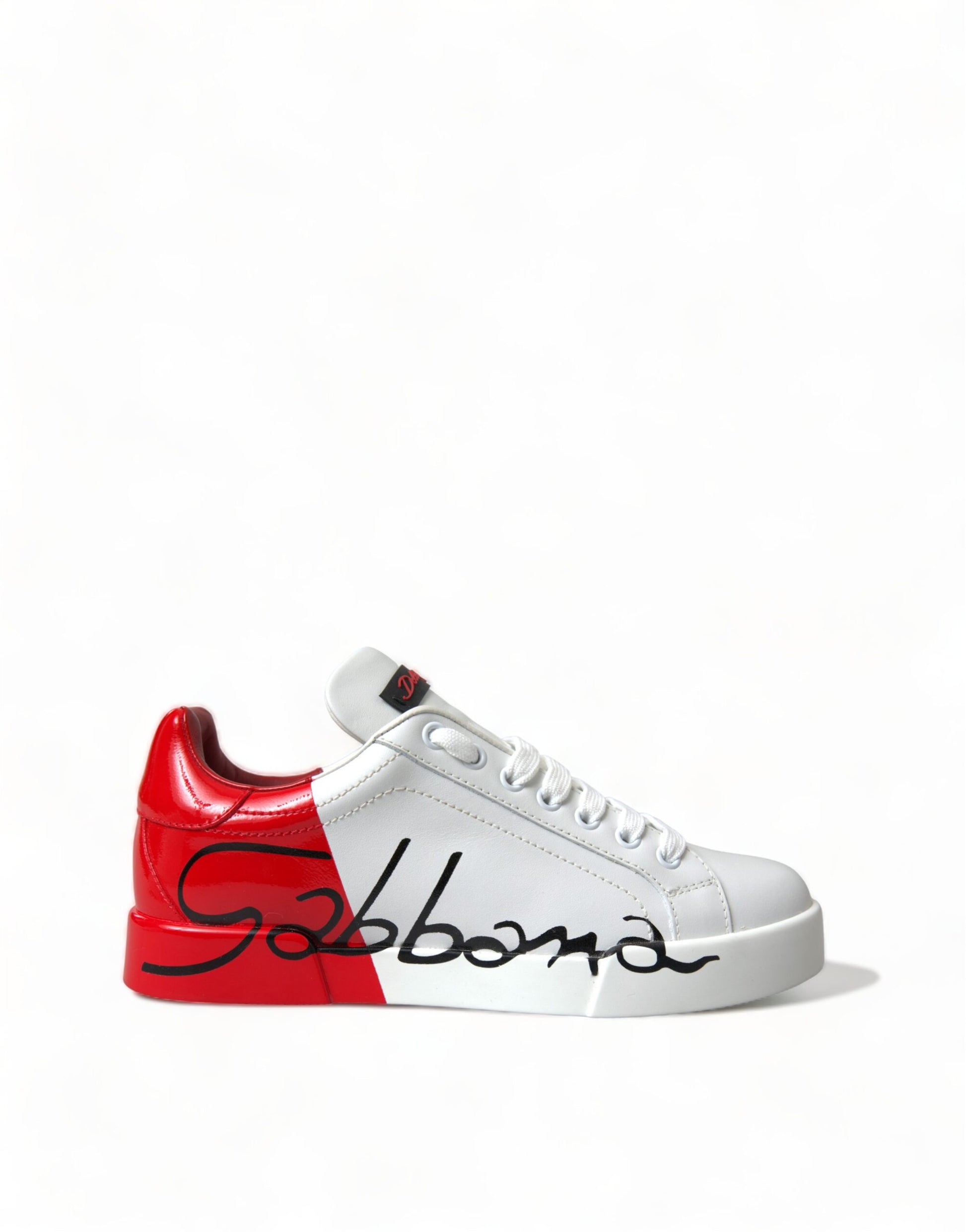 Red and white sneaker with black laces