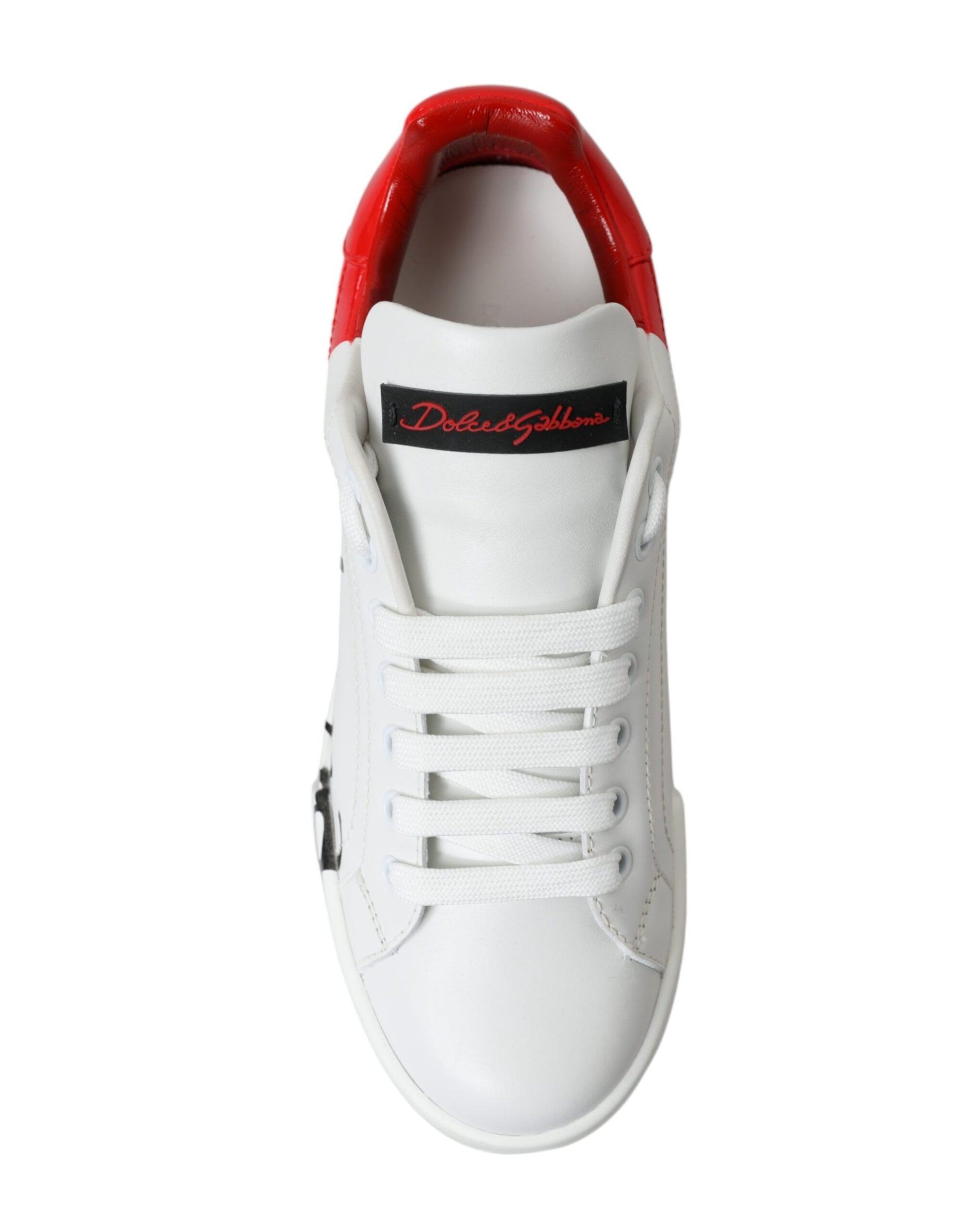 White sneaker with red laces and logo on side