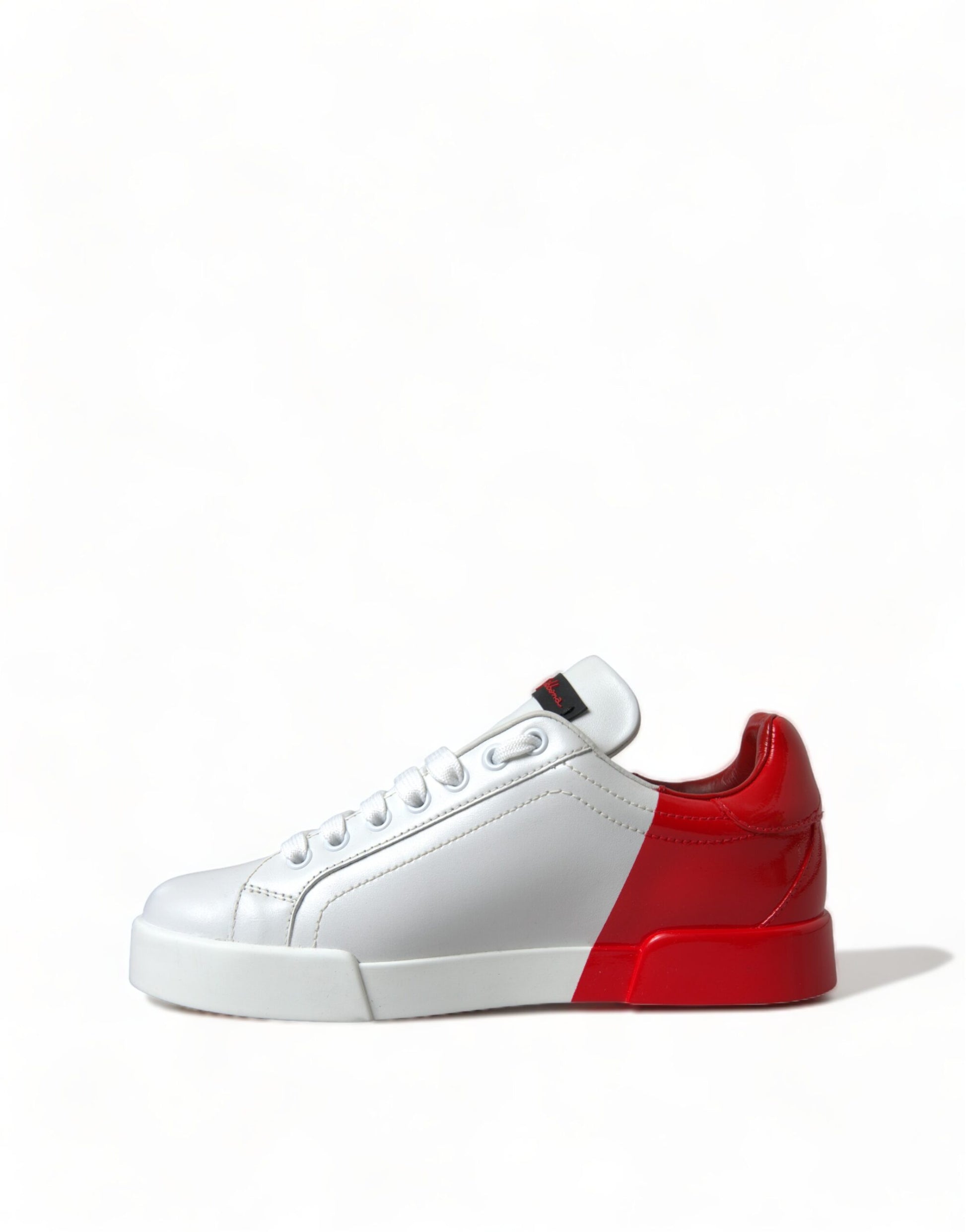 Red and white sneaker with laces