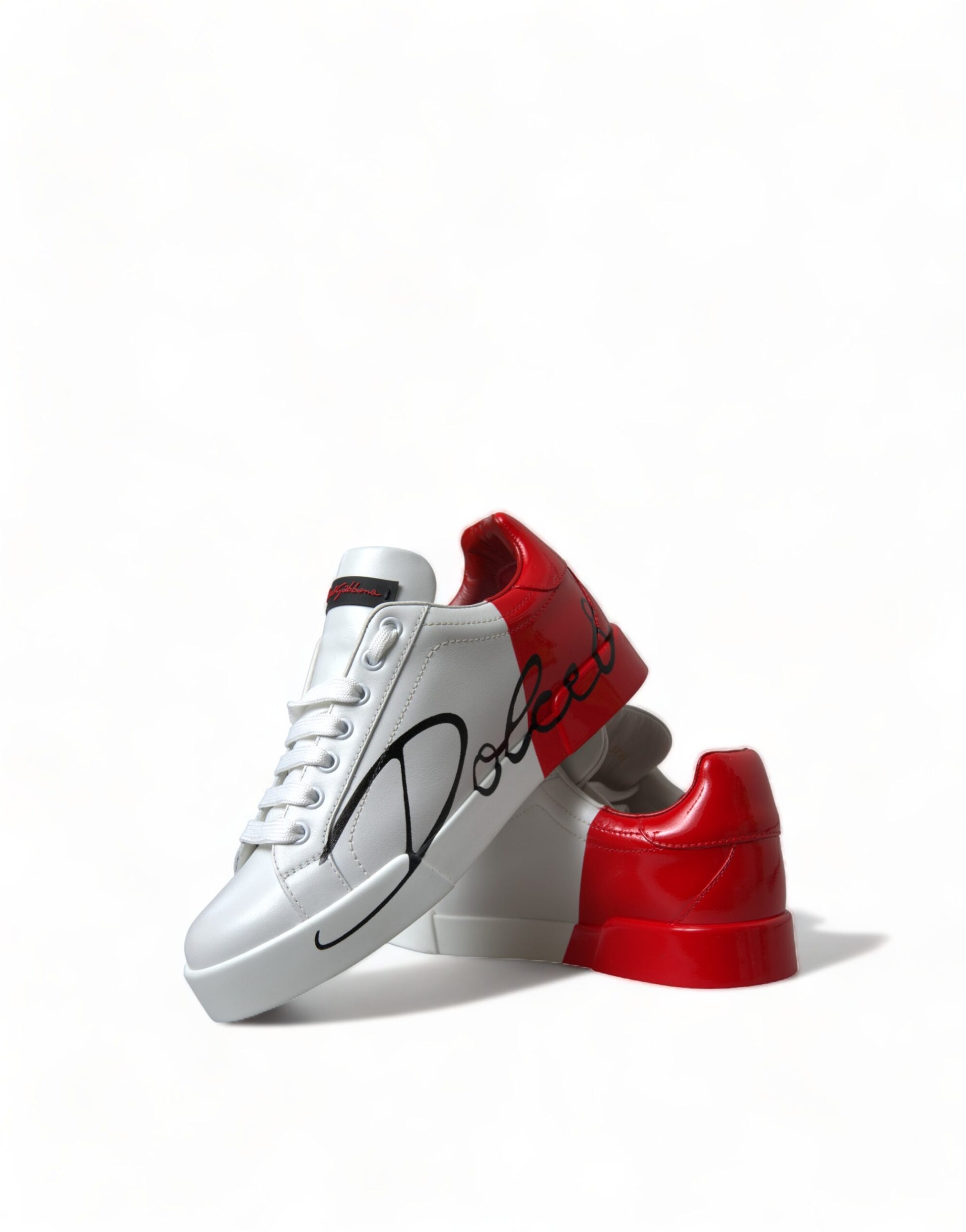 Red and white sneakers with a logo on the side