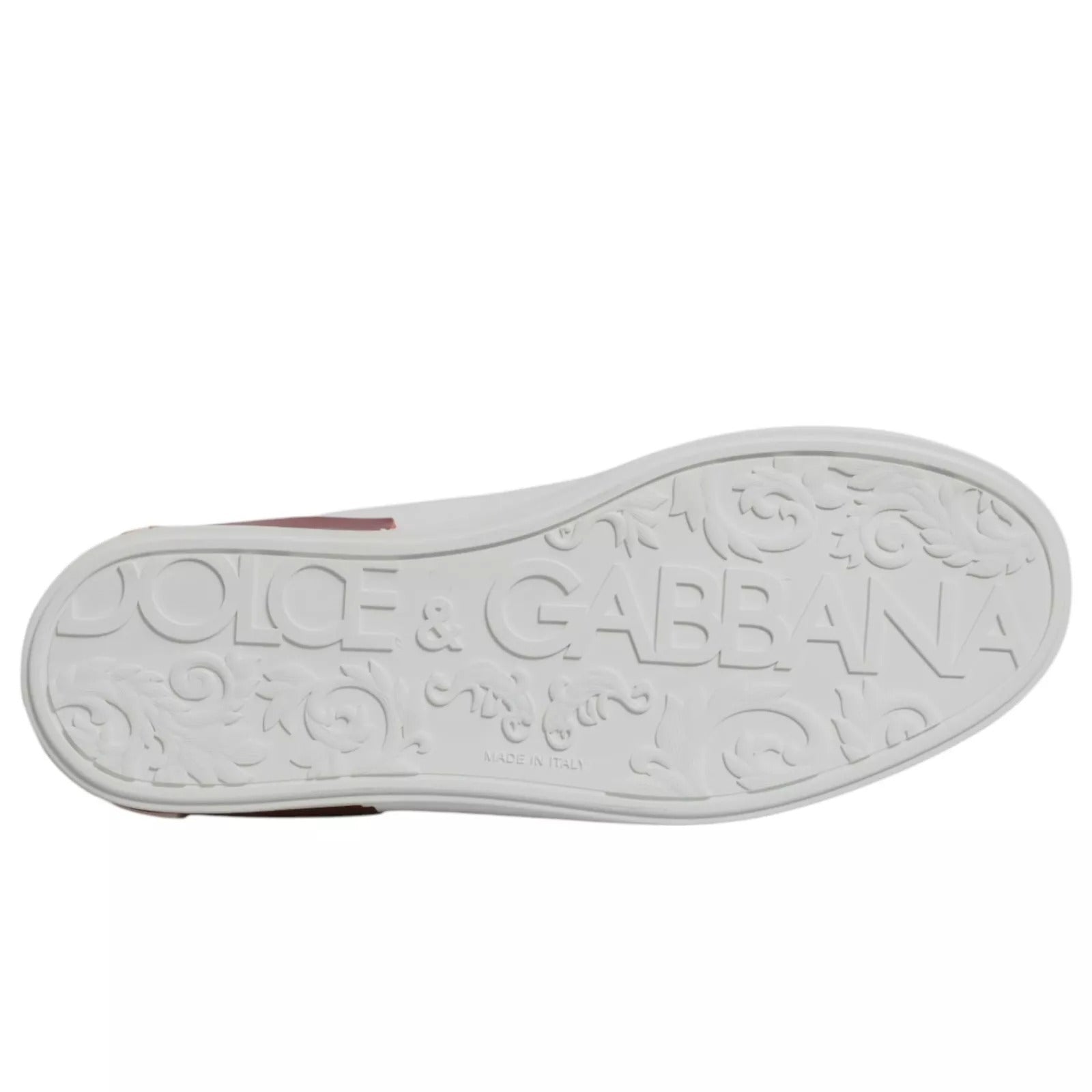 A white sneaker with red accents, featuring a logo on the side and a design on the sole