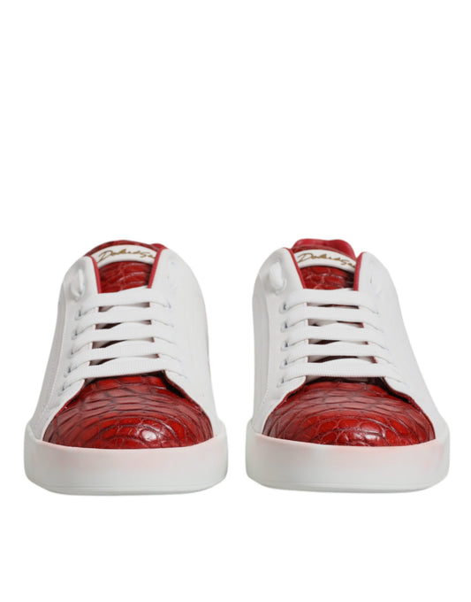 Pair of red and white leather sneakers with a crocodile skin texture