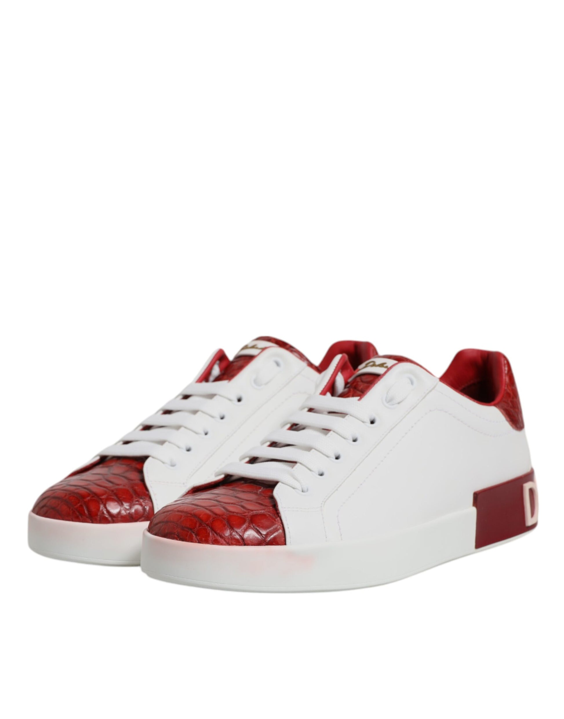Red and white leather sneakers with a crocodile skin texture on the side