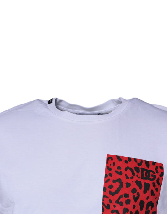 White t-shirt with red leopard print pocket
