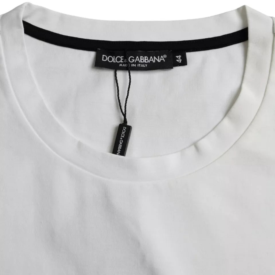 White t-shirt with black trim and tag