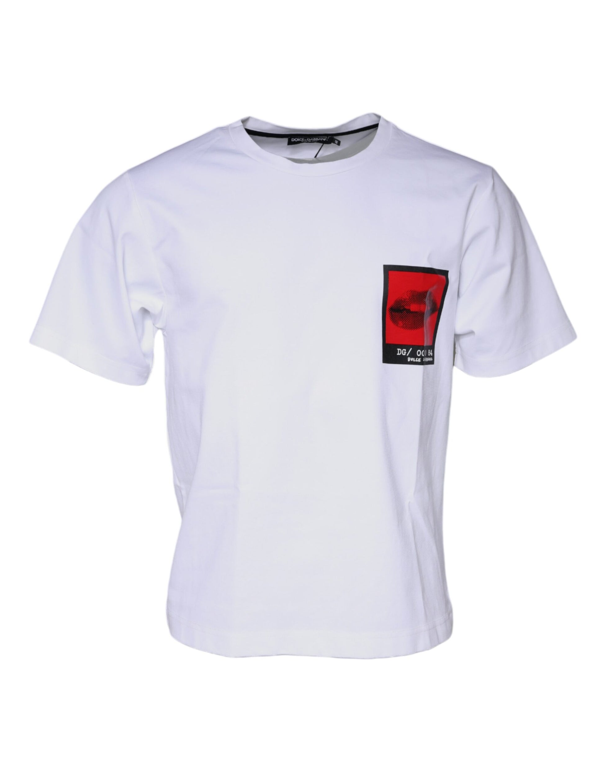 White t-shirt with red logo on front