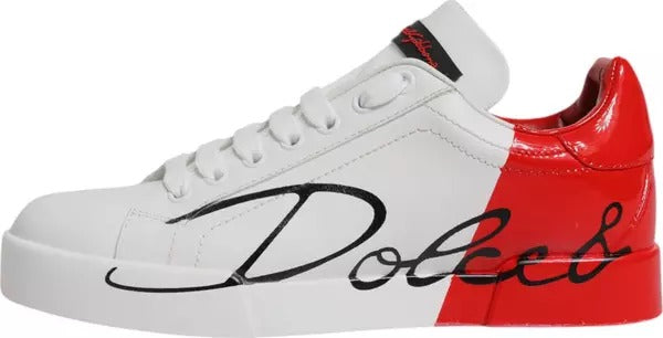 Red and white sneakers with a signature on the side