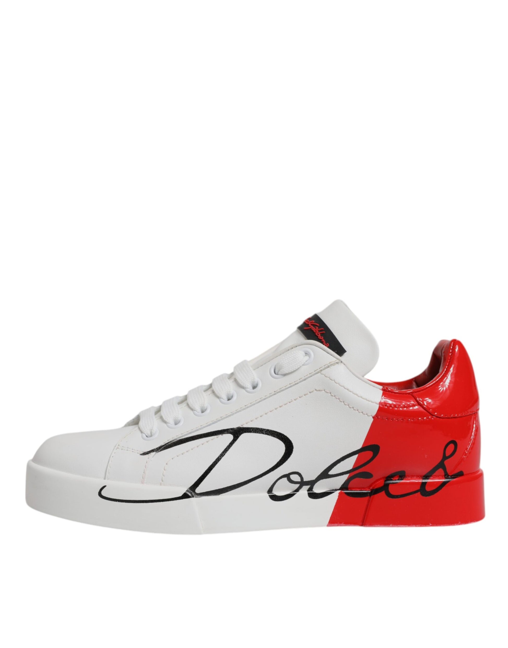 Red and white sneaker with handwritten logo on side