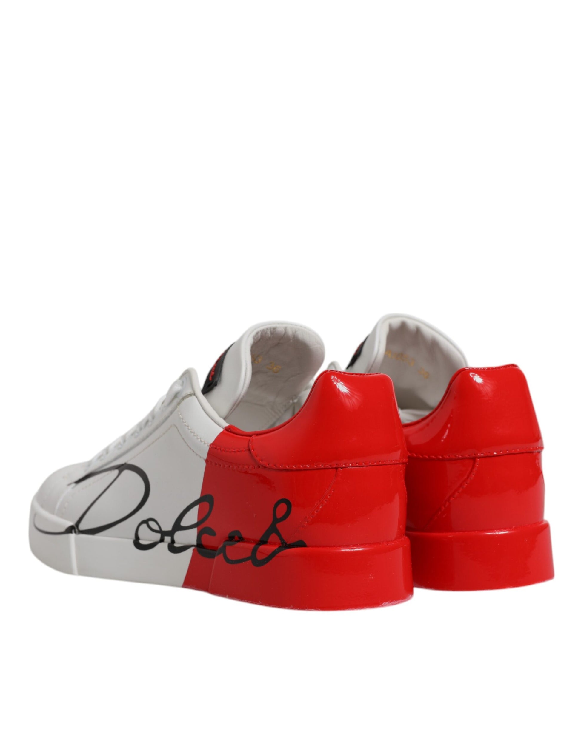 Red and white sneakers with brand name on side