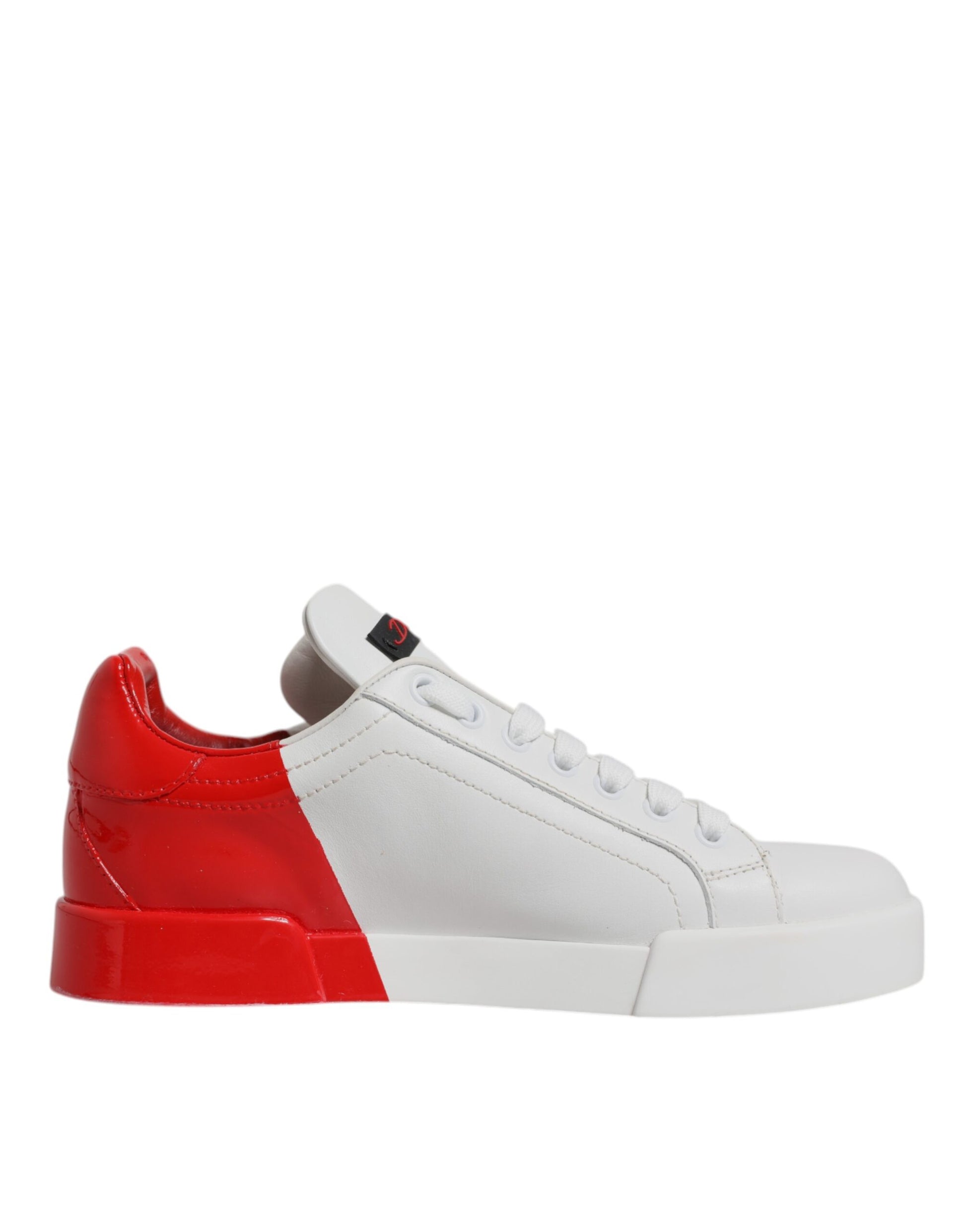 Red and white sneaker with laces