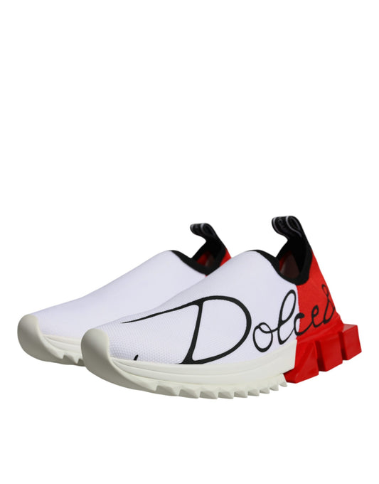 A pair of white and red sneakers with a low top, featuring the Dolce & Gabbana logo