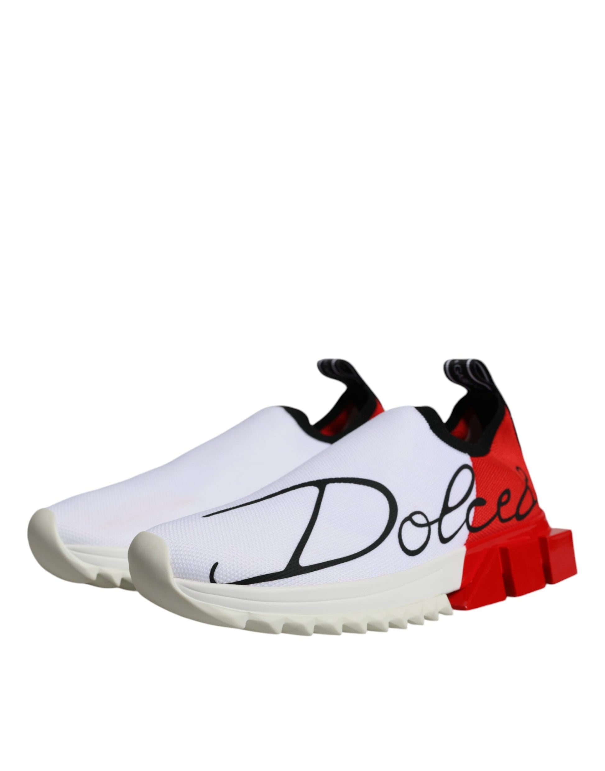 White and red sneakers with brand name on side