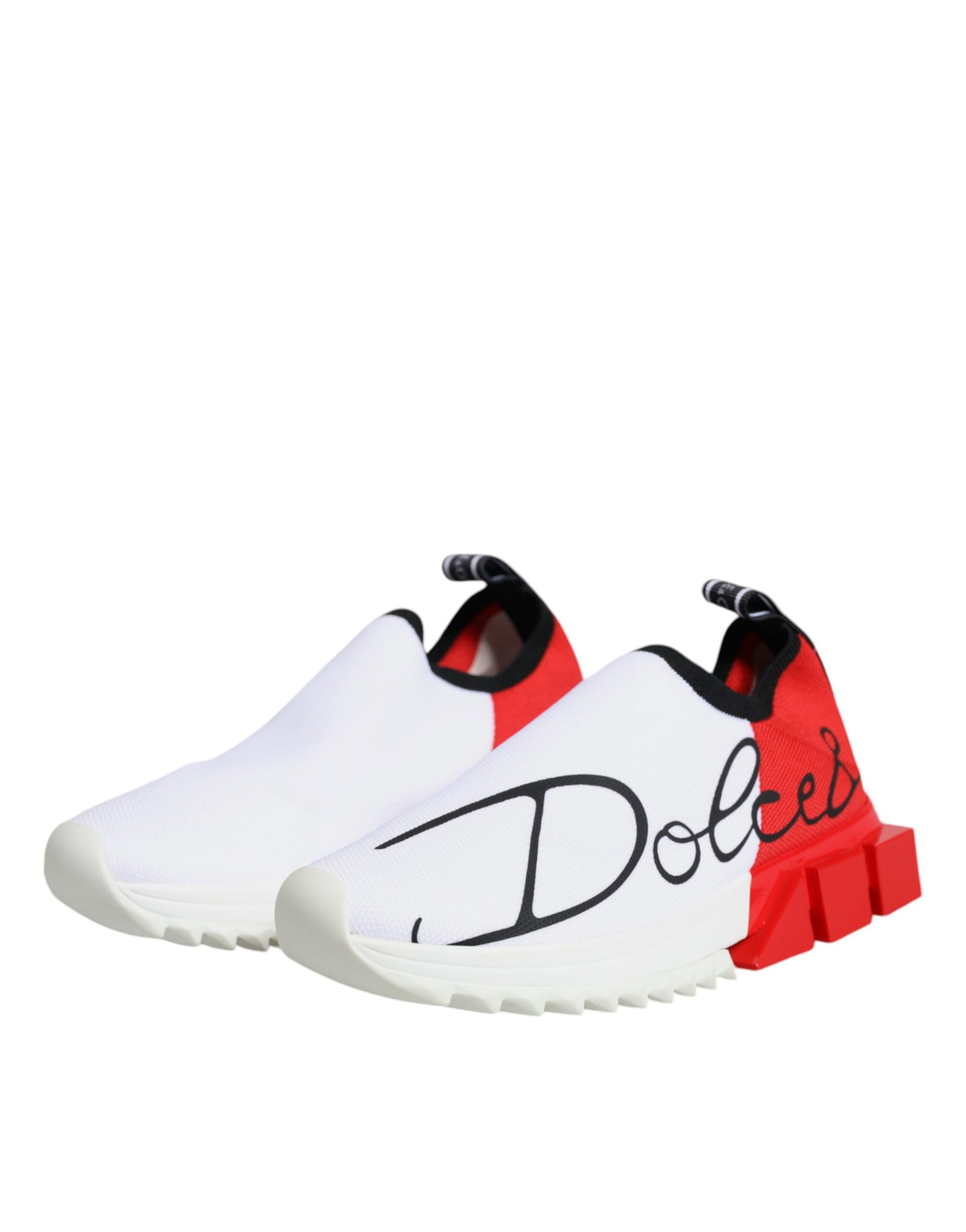 A pair of white red and black sneakers with the word "Dolce" written on them