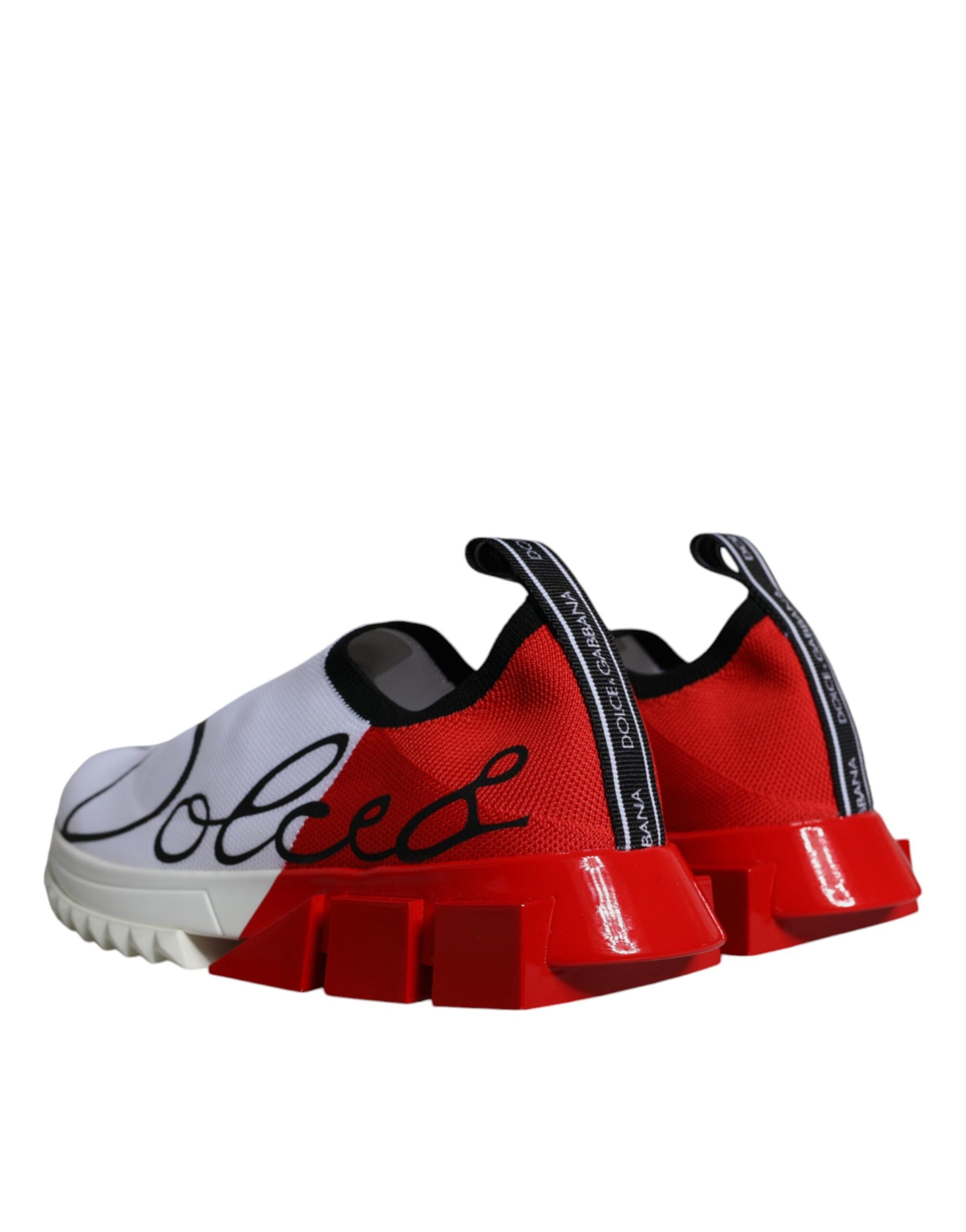 Red and white sneakers with black laces, featuring the Dolce & Gabbana logo