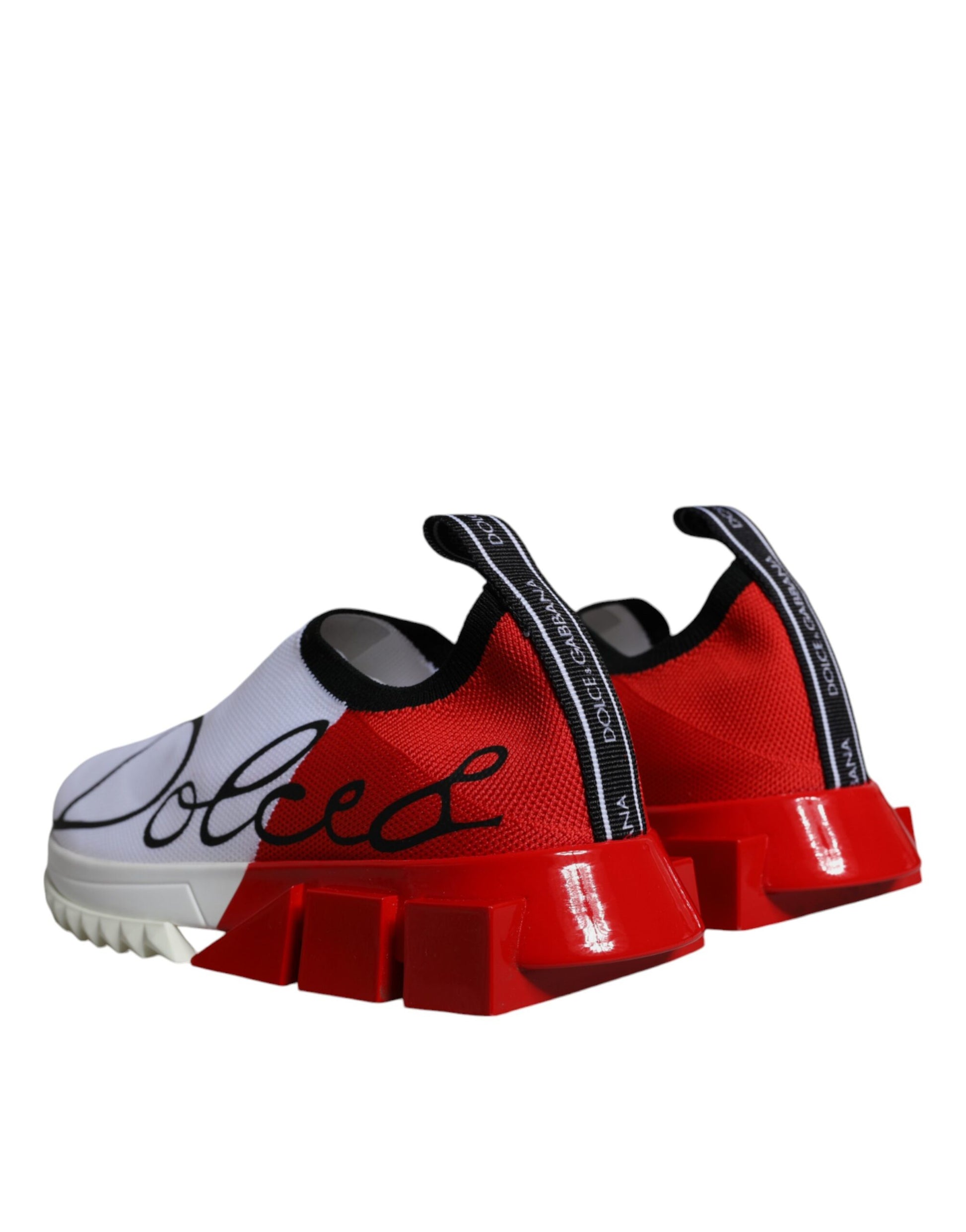 Red and white sneakers with black laces, featuring the Dolce & Gabbana logo