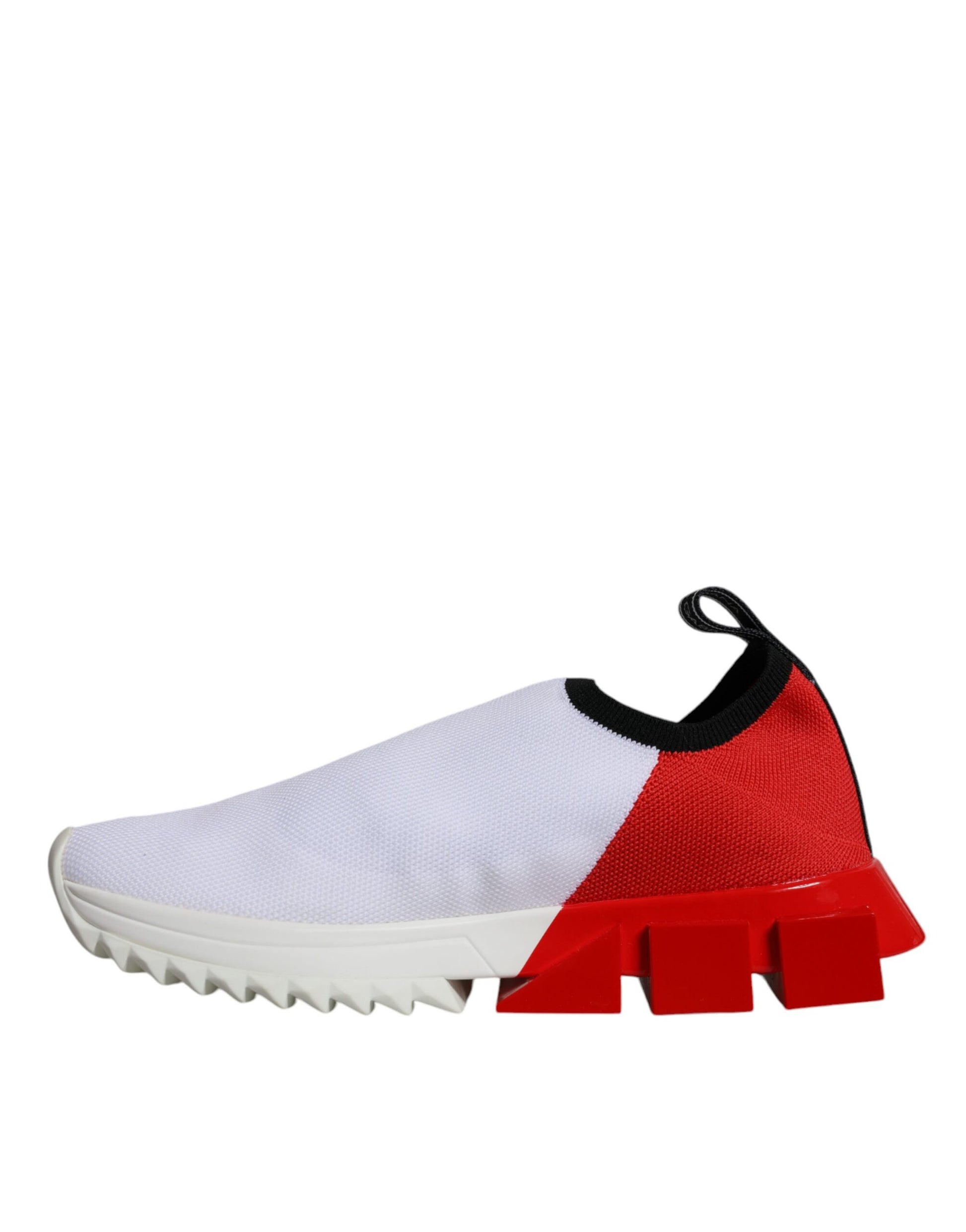 A pair of white red and black sneakers with a low top design, featuring the Dolce & Gabbana logo