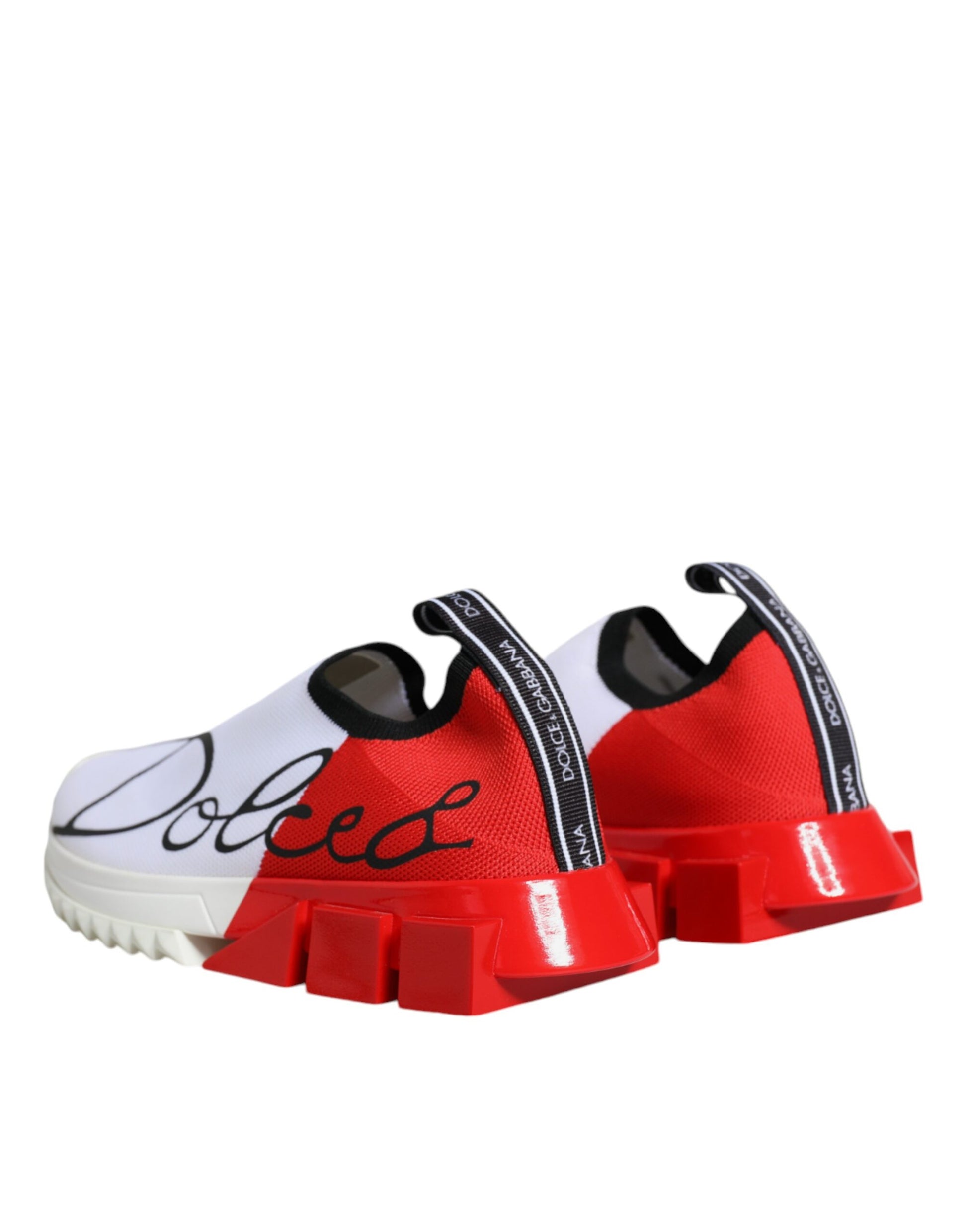 Red and white sneakers with black laces, featuring the Dolce & Gabbana logo