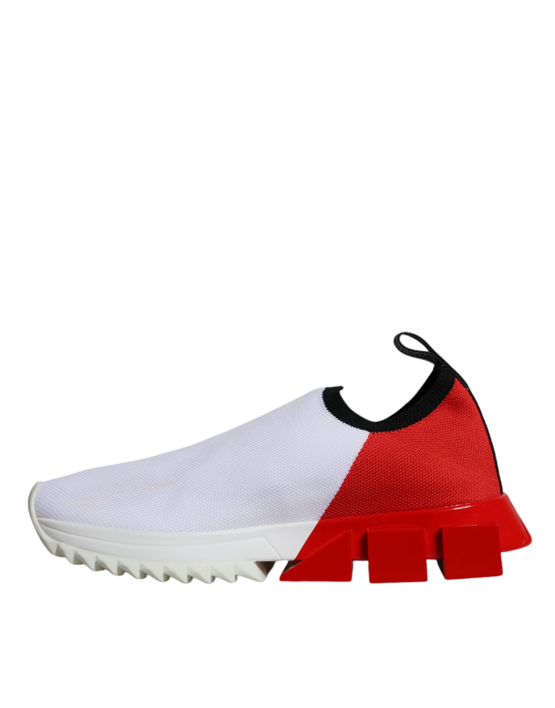A pair of white and red sneakers with a low top, featuring the Dolce & Gabbana logo