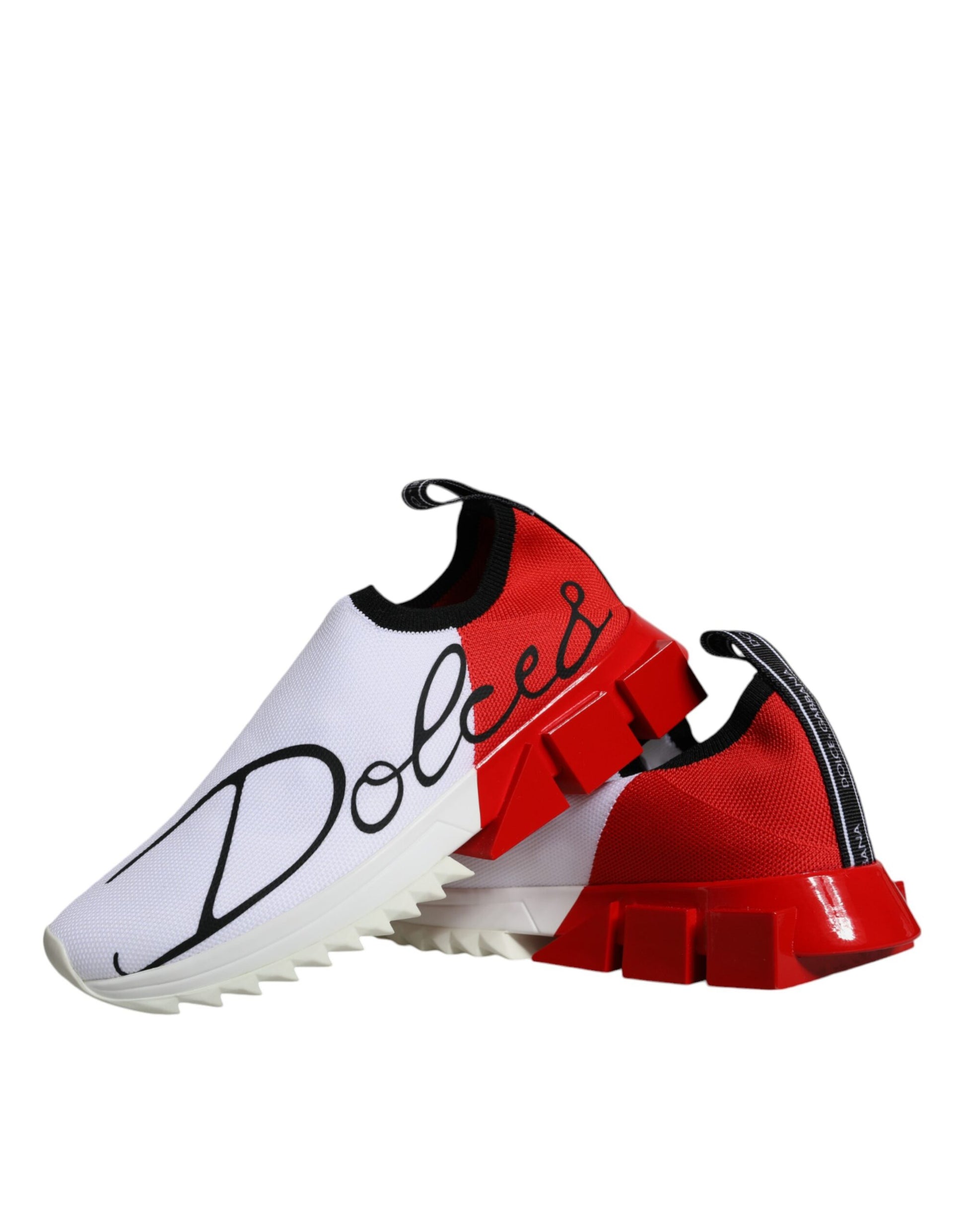 A pair of red and white sneakers with a low top, featuring the Dolce & Gabbana logo