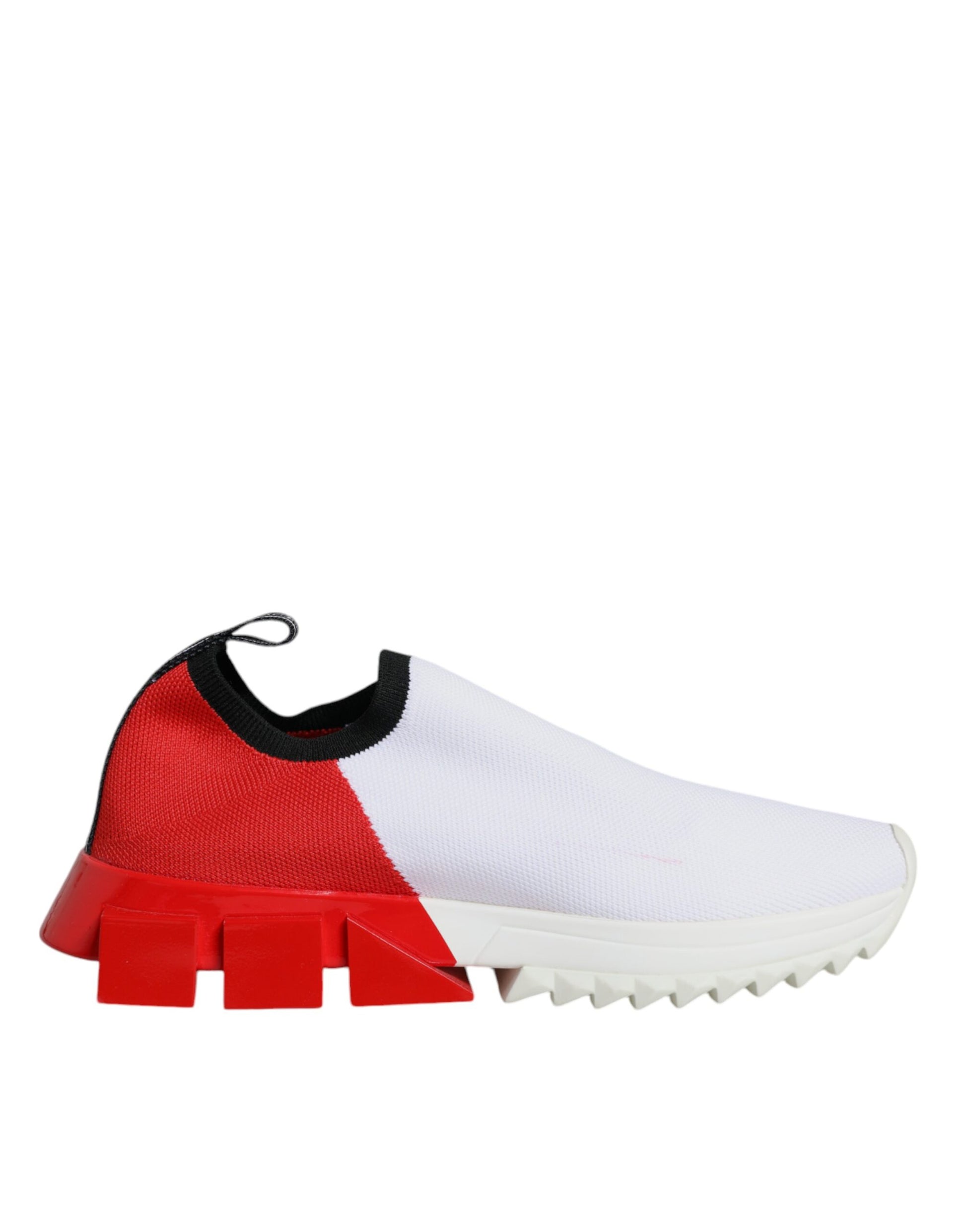 White and red sneaker with laces, featuring a low top design