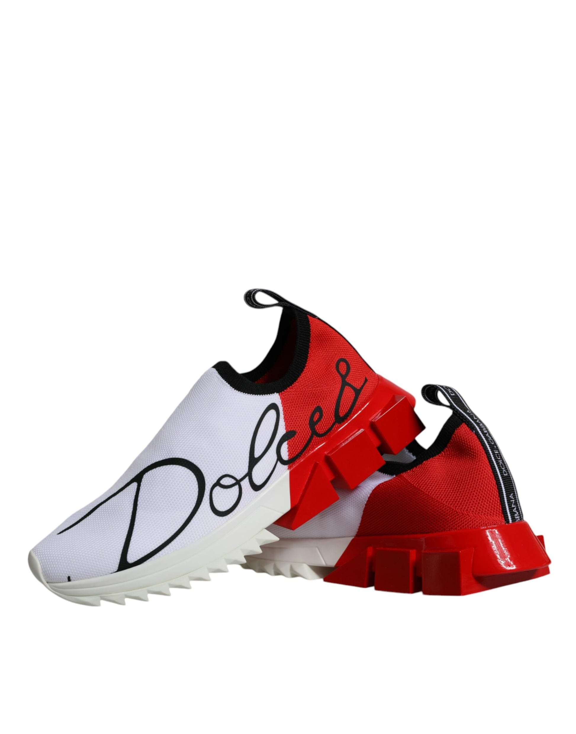A pair of red and white sneakers with a low top, featuring the Dolce & Gabbana logo