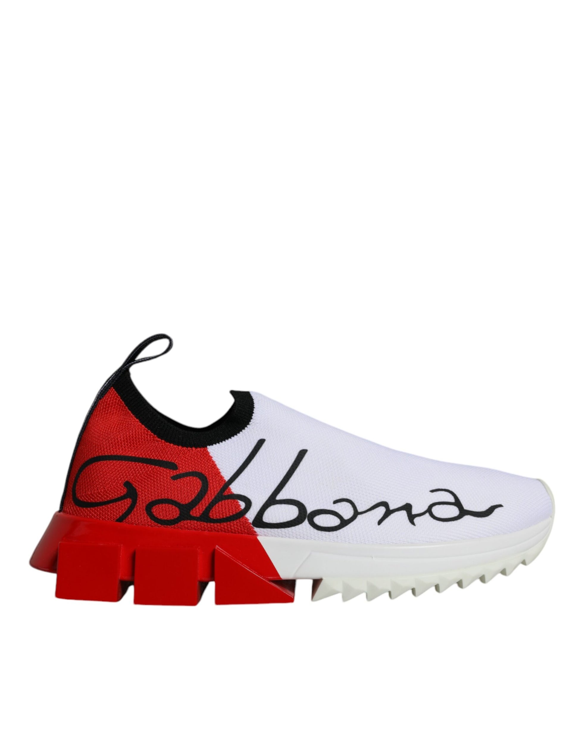 White red low top sneakers with brand name on side