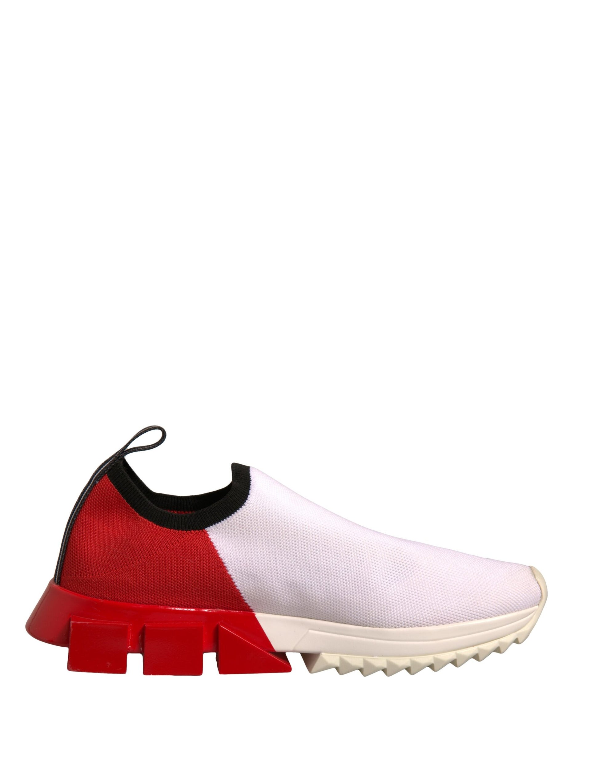 Red and white sneaker with laces