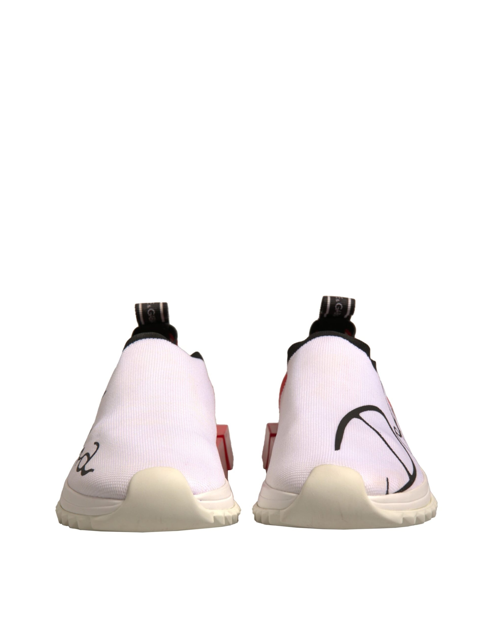 Pair of white sneakers with black laces and red accents