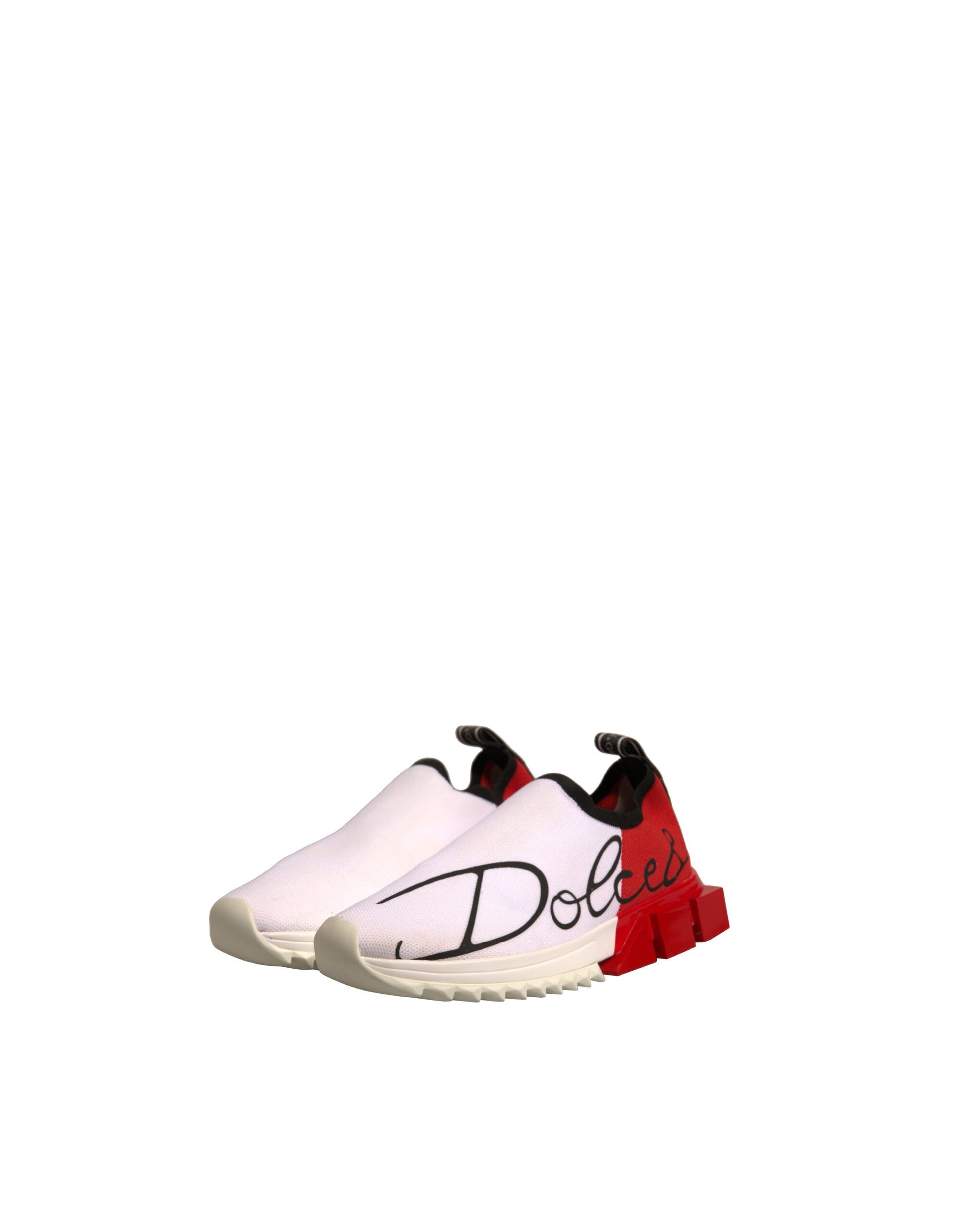White sneaker with red accents and black laces