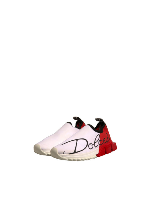 White sneaker with red accents and black laces