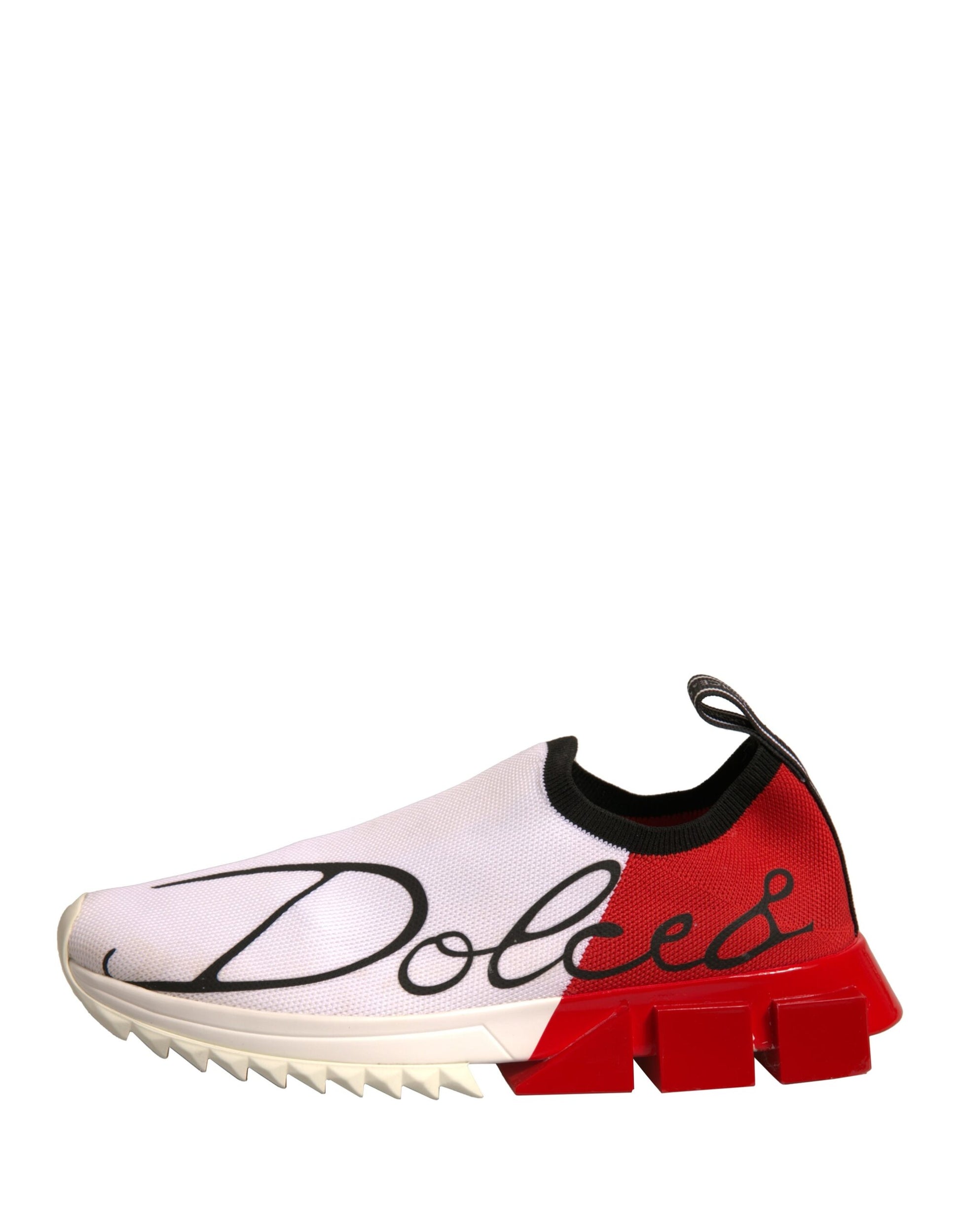 White sneaker with red accents and black laces