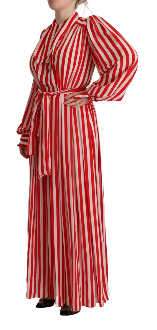 Long red and white silk dress with ruffled sleeves, belted waist, and long train